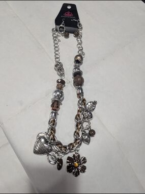 Paparazzi Silver & Brown Floral Charm Necklace & Earrings
